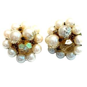 Vintage clip on earrings gold bead clusters faux pearls classic mid century